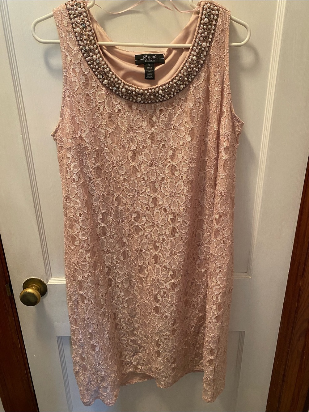 R&M Richards Blush Pink Beaded Lace Midi Dress